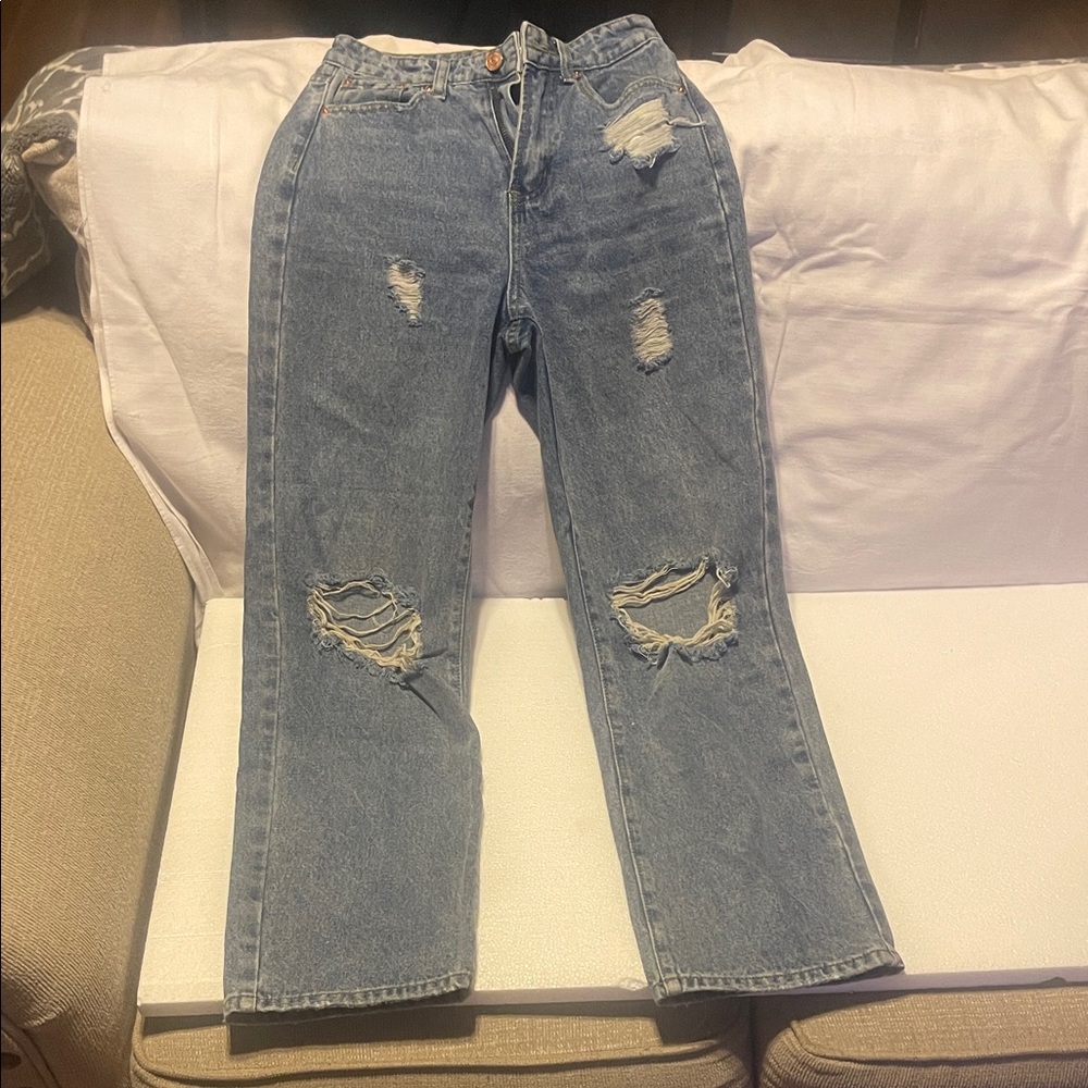 SHEIN Light Blue Distressed Straight Leg Jeans